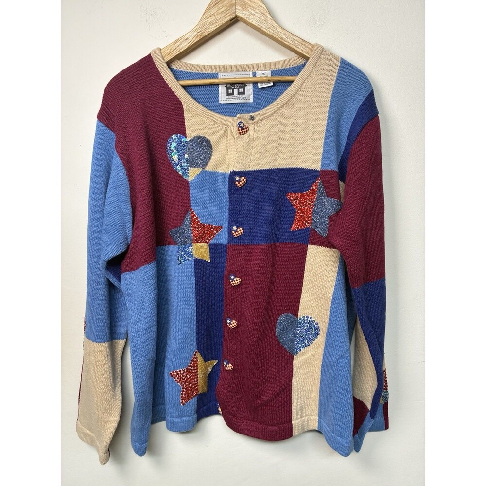 Storybook Knits Americana Cardigan Women’s 1X Beaded Embroidered Grandma 250th